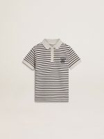 Boys' white cotton polo with navy blue stripes and embroidery