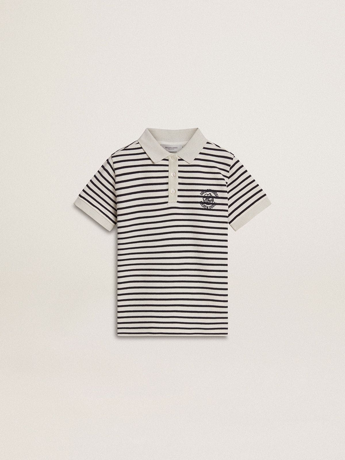 73d7ee5e5ac3da02527e6ad284b36a918f3edeb91fa52ad5a0ce9d89e5d63fdf Boys' white cotton polo with navy blue stripes and embroidery - Image 1