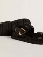 Women's Lucy sandal in glossy black leather with gold metal buckle - Image 3