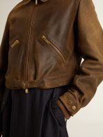 Women's cropped brown leather biker jacket with zip - Image 5