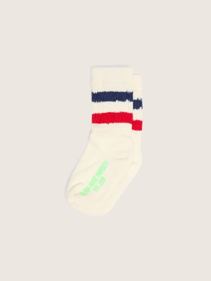 Socks in distressed-finish white cotton with red and navy stripes