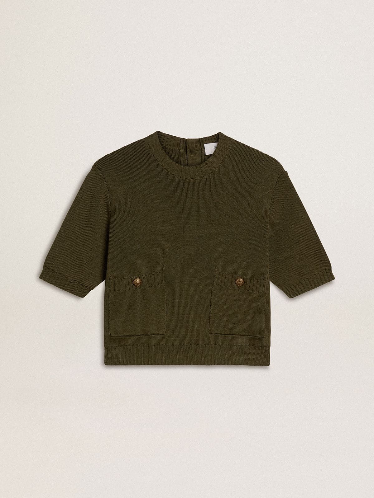 79d3d950443f3e5a4f4b67faa79fc7892c74330a74de9569851cd80f5818c5fd Women's short-sleeved sweater in military-green cotton - Image 1