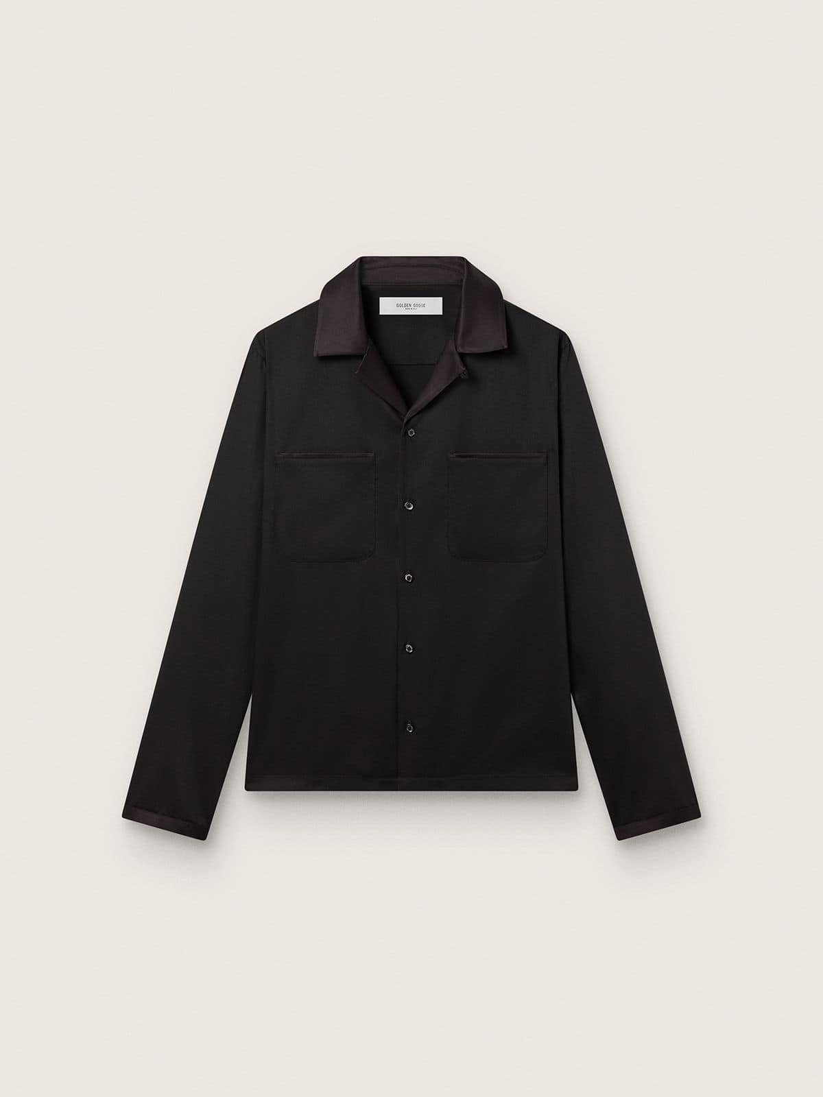 7a4d0d4f904d425b4add145a13efe60db525b497fb647e6b6e3d2833cf537660 Men's shirt in black wool twill with black satin details - Image 1