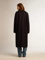 Women's single-breasted cocoon coat in dark blue wool with gold button - Image 4