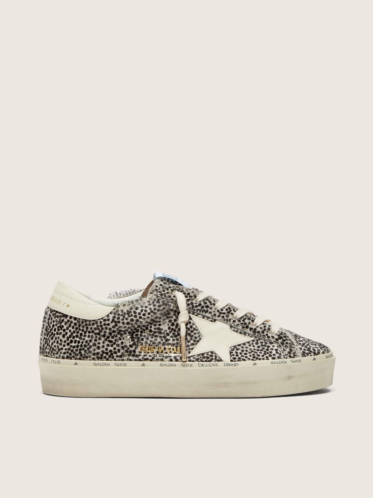 7b45ad8cb58bf91920117c42c751fe84246fe12e161f6f362b591fdd4cfcea97 Women's Hi Star in black and white pony skin with white leather star - Image 1