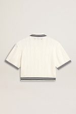 Women's cropped worn-white cotton polo shirt with blue ribbing - Image 6