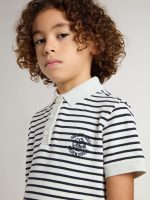 Boys' white cotton polo with navy blue stripes and embroidery - Image 5