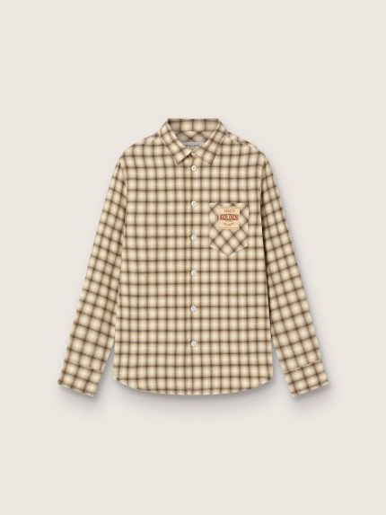 Boys' shirt in beige and brown checked cotton flannel