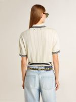 Women's cropped worn-white cotton polo shirt with blue ribbing - Image 5