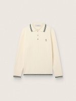 Men's long-sleeved polo shirt in white knit with contrasting edges and removable pin