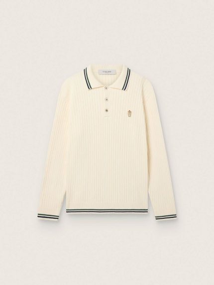 Men's long-sleeved polo shirt in white knit with contrasting edges and removable pin