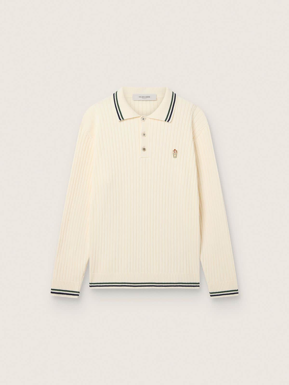 7c4d6f552952f73256de41005b7084c508a1d6fa44178d24baa929892557a7f6 Men's long-sleeved polo shirt in white knit with contrasting edges and removable pin - Image 1