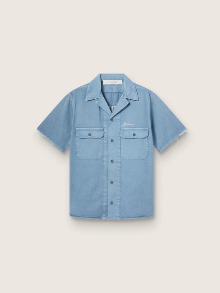 Unisex shirt in light blue denim with embroidery on the back