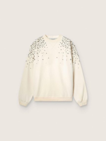 Unisex sweatshirt in white cotton with embroidered crystals