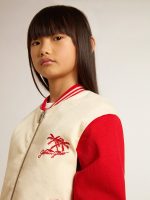 Kids' bomber jacket in beige and red cotton with embroidery on the chest - Image 5