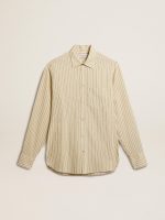 Men's ecru cotton shirt with narrow black stripes
