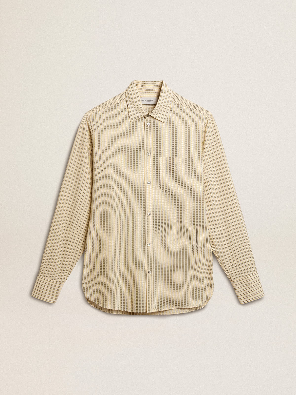 7e1a6e3b40e344c5ee627ac2b0aac819ee37315f7cbd330a48f55970a077f036 Men's ecru cotton shirt with narrow black stripes - Image 1