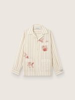 Unisex shirt in ecru and sand striped cotton and linen with embroidery