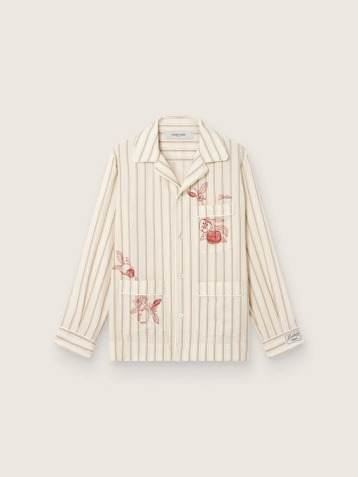 7f0fc40fc4112e5c8f37e24c9204d24ae36c4a1b70e573a72a30a8cdaf5e1291 Unisex shirt in ecru and sand striped cotton and linen with embroidery - Image 1