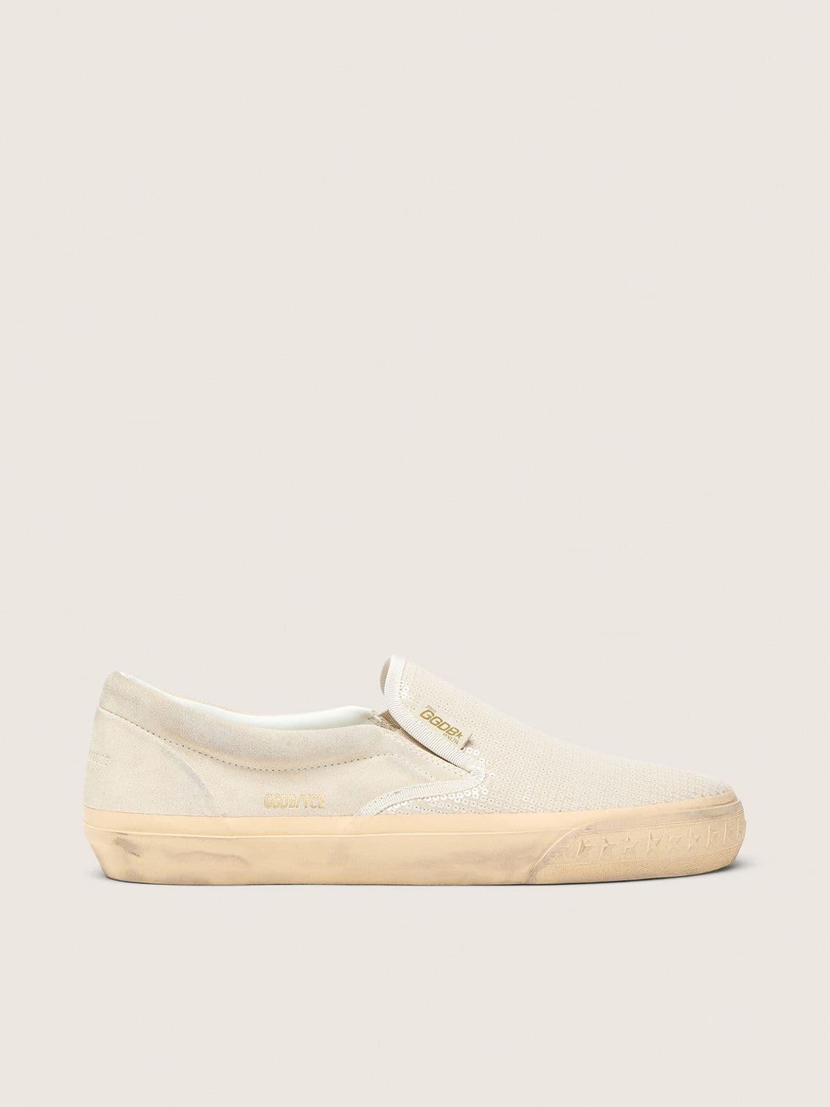 7f1a6cc3be83fc4770af08dfd4edcb482058206a9b73f587b71973366d541816 Men's VCE Penstar in beige suede and pearl-colored sequins - Image 1