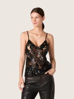 Women's top in black tulle with floral pattern in black sequins - Image 5