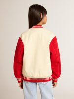 Kids' bomber jacket in beige and red cotton with embroidery on the chest - Image 4