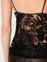 Women's top in black tulle with floral pattern in black sequins - Image 4