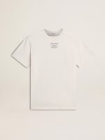 Women's worn-white cotton T-shirt with black lettering