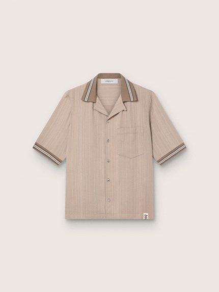 Men's short-sleeved shirt in gray cool wool with thin stripes