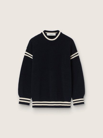 Men's boxy sweater in dark blue cotton with embroidery