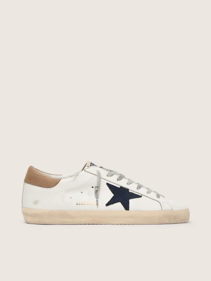 Men's Super-Star in white leather with midnight-blue canvas star and tobacco leather heel tab