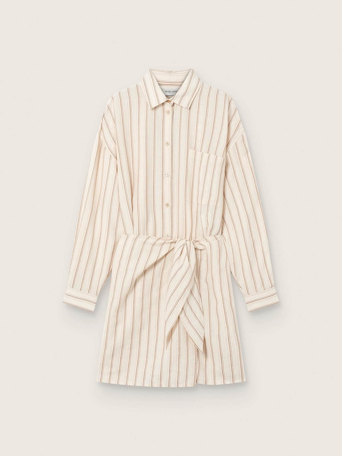 82f3d3a3b2a64afb8ff1648fdbd55fab6be0ece678d51df25aed1d1af84c5932 Women's ecru cotton shirt dress with beige and brown stripes - Image 1