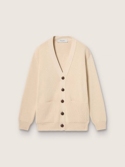 Women's beige cardigan with 'Golden' lettering on the back