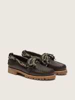 Women's Cruise loafers in dark green leather with dove-gray hiking laces and raised floral motif - Image 2