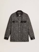 Gray herringbone jacket with black leather details
