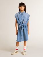 Girls' denim dress with front knot and embroidery - Image 3