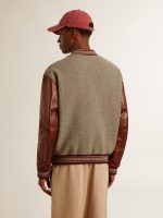 Bomber jacket in gray melange wool with leather sleeves - Image 5