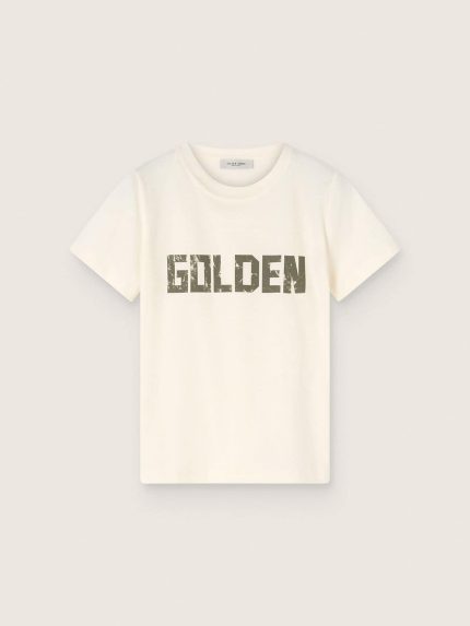 Kids' T-shirt in white cotton jersey with green logo