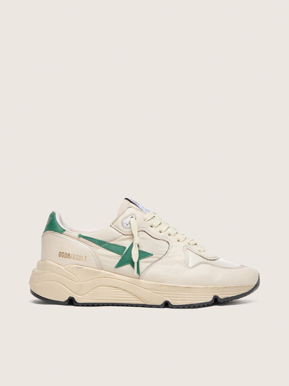 88a6b1ca635dd8804d2e27461549fa764ea52828693ada0a63a9e1377afa4854 Women's Running Sole in cream nylon and leather with green leather star - Image 1