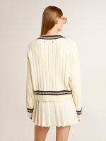 Women's cable-pattern cropped sweater with blue ribbing and crystals - Image 4
