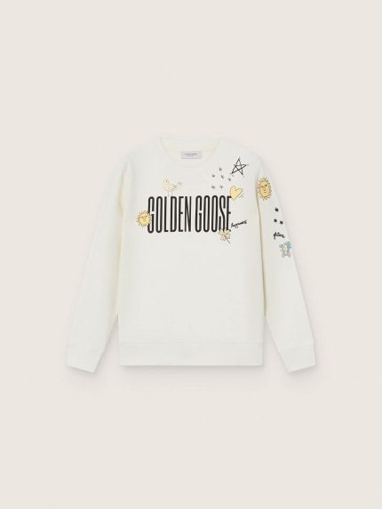 Journey unisex sweatshirt in white cotton blend with doodle print