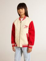 Kids' bomber jacket in beige and red cotton with embroidery on the chest - Image 2