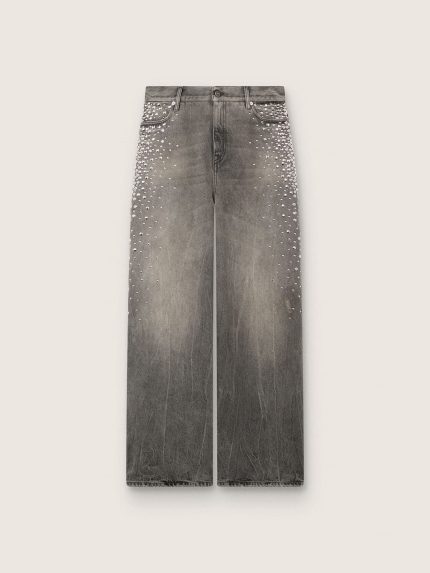 Women's boyfriend jeans in gray denim with silver gradient-effect studs