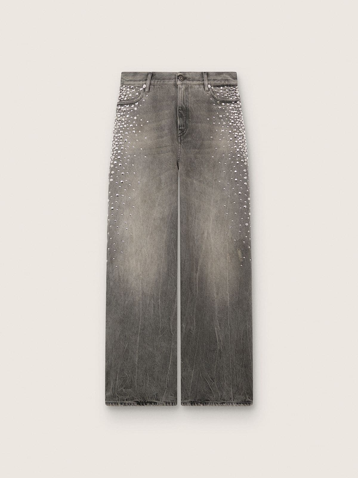 8ac55b1f13f76309c8d1f0400b283d925964fee6a380a2d6295c6fa6abf2146c Women's boyfriend jeans in gray denim with silver gradient-effect studs - Image 1
