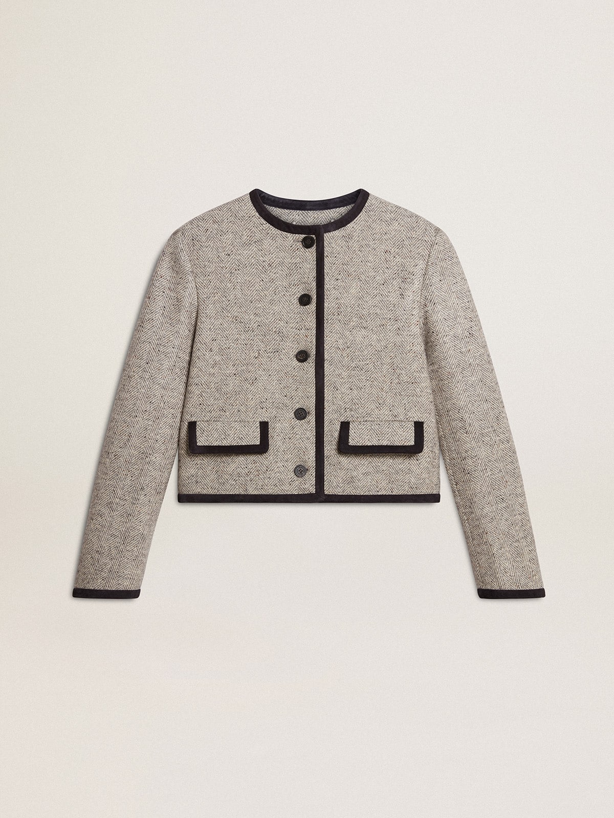 8b317fb0c256a26cf9a7707886392f7d60ca588b198cf44ea771dc885c6fe668 Women's grey wool and silk jacket with black suede trim - Image 1