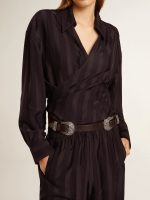 Black belt in washed leather with silver-colored double buckle - Image 3
