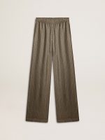 Women's green viscose-blend silk pants with floral pattern