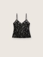Women's top in black tulle with floral pattern in black sequins - Image 2