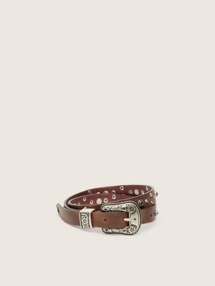 Lace belt in tan washed leather with studs and metal inlays