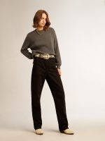 Women's round-neck sweater in dark gray cotton with logo on the back - Image 3